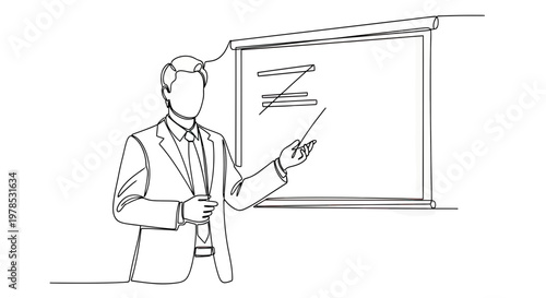 Single line drawing of a businessman or professional speaker giving a presentation in front of a whiteboard. Minimalist continuous line art of a man explaining business strategy in a meeting.