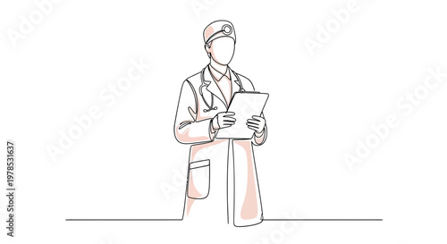 Minimalist Continuous One Line Drawing of a Professional Doctor Holding a Clipboard and Wearing a Stethoscope for Healthcare and Medical Consultation Concepts