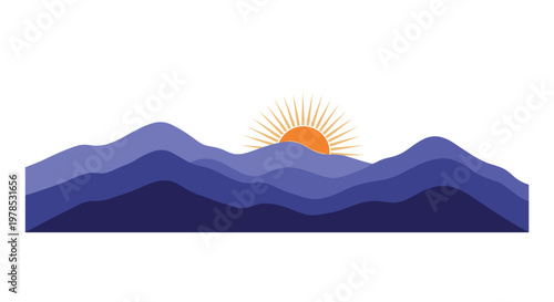 A stylized golden sunrise peaks over multiple layers of deep purple and blue rolling mountains depicted in a clean flat graphic style on white space.