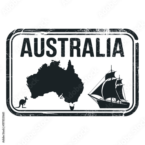 A distressed stamp featuring australia s shape a sailboat and a kangaroo