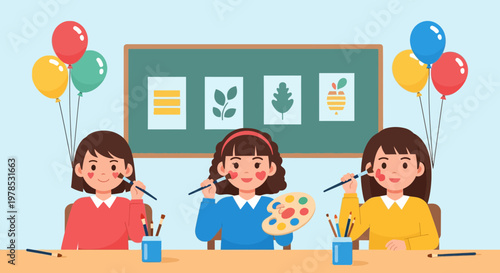 Three kids paint with brushes at a table during an art class with colorful balloons in the background