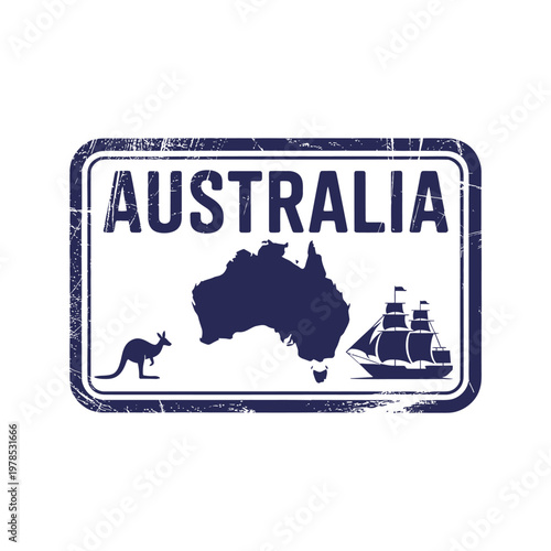 Vintage style stamp featuring australia with a kangaroo ship and map outline