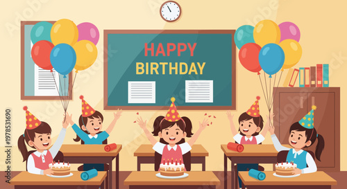 Children celebrate a birthday party with balloons, cake, and happy faces at a classroom during daytime