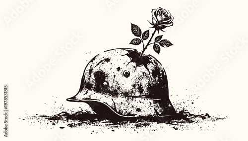 Anti war conceptual illustration showing a rose growing from a damaged military helmet