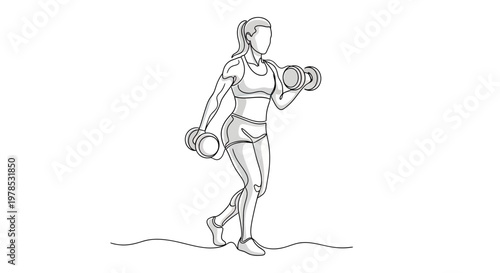 Continuous Line Drawing of a Fit Woman Exercising with Dumbbells, Minimalist Vector Illustration of Female Athlete Training