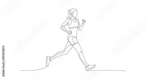 Continuous line drawing of a fit woman running or jogging, minimalist vector illustration of a female athlete exercising for fitness and health