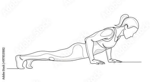 Continuous Line Drawing of a Fit Woman Doing Push-Ups, Minimalist Female Fitness and Strength Training Exercise Vector Illustration