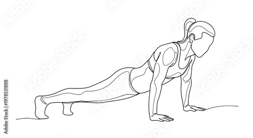 Woman doing plank exercise or push-up, continuous one line drawing vector illustration. Minimalist fitness and workout concept.