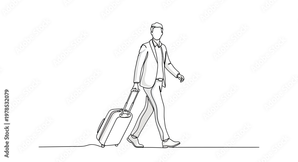 Obraz premium Continuous line drawing of a businessman walking with a suitcase, minimalist vector illustration of a professional man on a business trip or traveling.