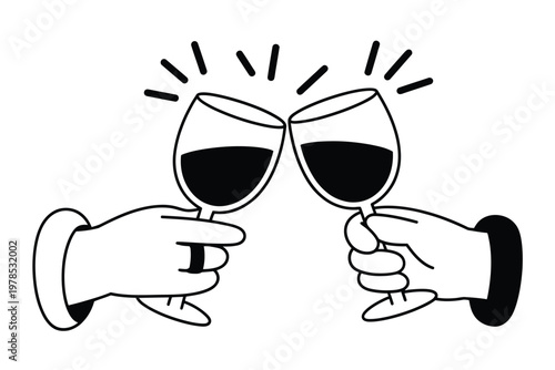 Two hands clinking wine glasses together in a celebratory black and white illustration