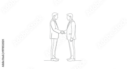 Handshake of Two Businessmen in Suits, Line Art Illustration of Corporate Partnership, Agreement, and Successful Deal Closing