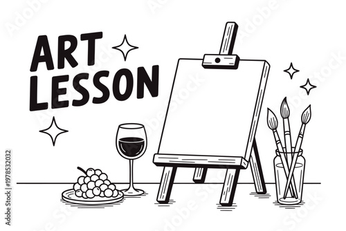 A whimsical black and white illustration depicting art supplies and still life objects