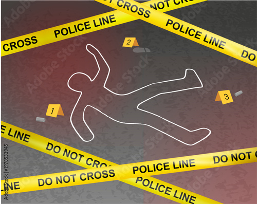 Chalk outlined murder victim illustration with police cross ribbon and evidence markers. Police crime scene with victim chalk outline and gun bullets. Dead body with blood. Vector illustration