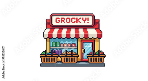 A pixel art vector of a cute grocery store called GROCKY! with a red and white awning, display window, and crates of colorful fruits outside.