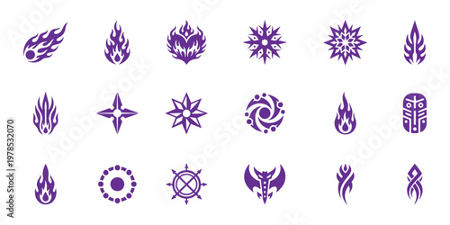 Dynamic Mystic and Tribal Vector Symbols Set Fire, Star, Geometric and Abstract Icons Collection