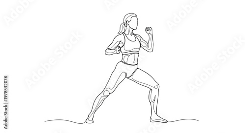 Continuous Line Art Drawing of a Strong Woman in a Boxing Stance, Minimalist Vector Illustration of Female Athlete Practicing Martial Arts for Fitness and Self Defense