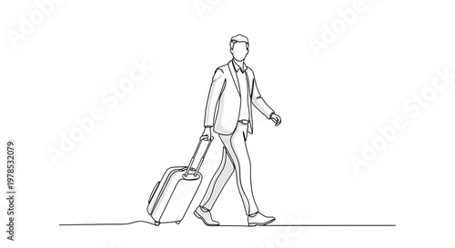 Continuous line drawing of a businessman walking with a suitcase, minimalist vector illustration of a professional man on a business trip or traveling.