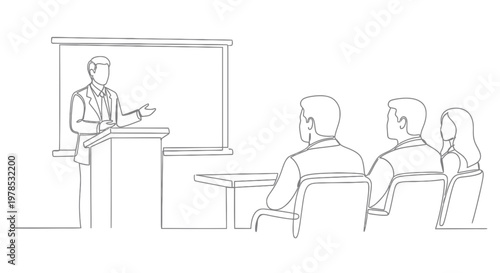 Continuous one line drawing of a businessman giving a presentation at a podium to an audience in a conference room