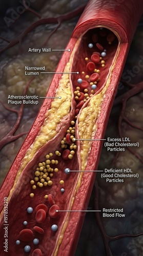 Vessel degeneration process: cholesterol level, artery health, plaque buildup, vascular disease, blood flow, lipid profile, cardiac risk, lumen narrowing.
