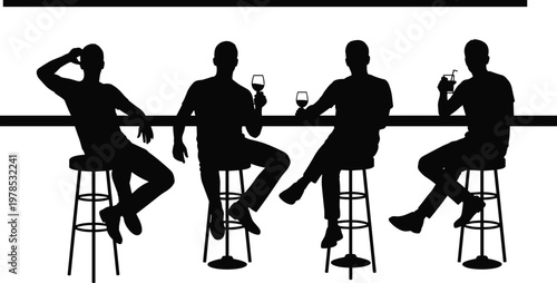 Restaurant And Bar Silhouette Set Featuring People Dining At Tables With Waitstaff Serving Wine And Men Sitting On Stools Drinking
