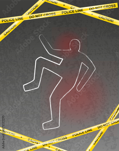 Police crime scene with body chalk outline and do not cross police tape. Chalk outlined murder victim with police cross ribbon. Dead body with blood. Vector illustration of criminal mystery murder