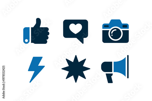 A collection of blue glyph icons representing social media interactions and elements