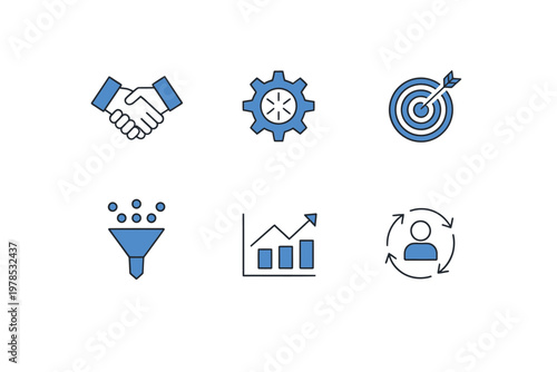 A collection of blue line icons representing business concepts like partnership goals and process