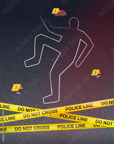 Police crime scene with body chalk outline and do not cross police tape. Chalk outlined murder victim with police cross ribbon. Dead body with blood. Vector illustration of criminal mystery murder