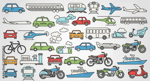 Collection of various transportation vehicles and modes.