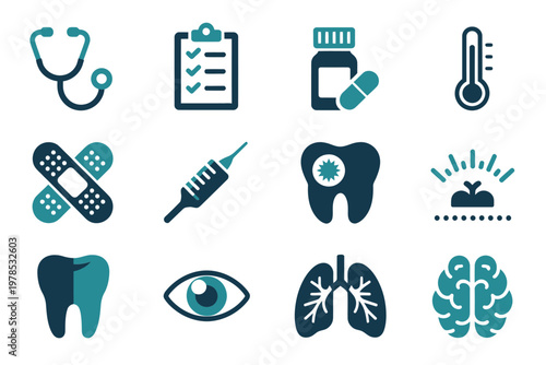 A collection of medical icons depicting various healthcare tools and body parts