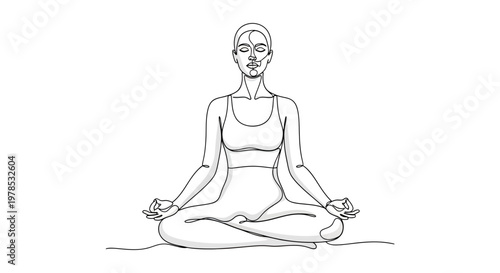 Continuous Line Art Illustration of a Woman Meditating in Lotus Pose for Wellness and Mindfulness