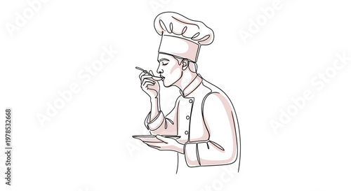 Continuous line drawing of a professional male chef in a toque and uniform tasting food with a spoon