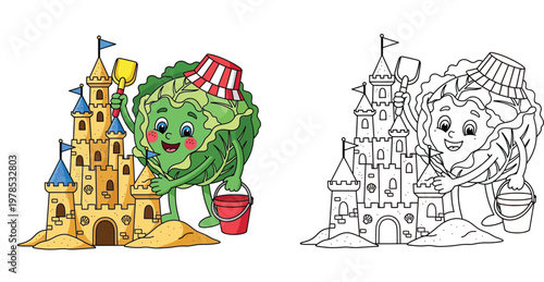 Cute Cabbage Character Building Sandcastle on Beach Illustration and Coloring Page for Kids - Summer Vacation Theme Vector Art