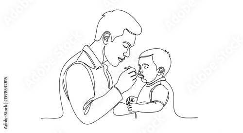 Continuous line drawing of a young father feeding his baby with a spoon, minimalist vector illustration of parenting and childcare.