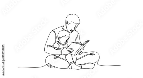 Father and Son Reading a Book Together, Continuous One Line Drawing Minimalist Vector Illustration of Parenting and Childhood Education