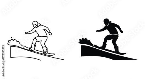 Snowboarder in motion depicted in a striking black and white silhouette