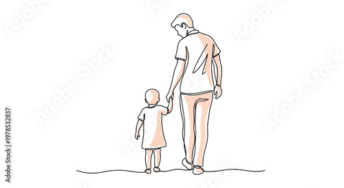 Continuous line drawing of father and daughter walking together hand in hand, concept of fatherhood and family love