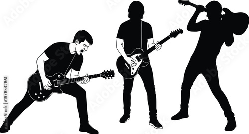 Rock Guitarist Silhouettes Vector Set, Musicians Playing Electric Guitar, Emotional Stage Performance, Music Band Icons, Punk Rock Star Concert Graphic Outlines