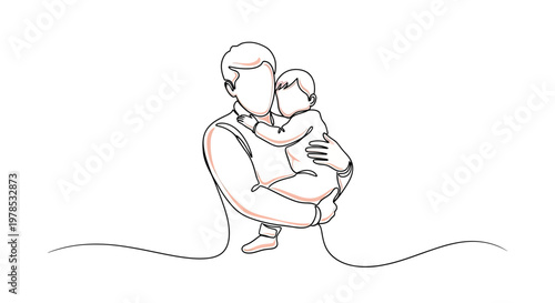 Continuous line drawing of a father holding his baby in a warm embrace, minimalist vector illustration of fatherhood and family bonding