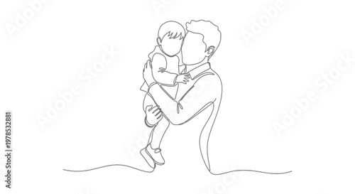Continuous one line drawing of young father carrying his toddler child, minimalist vector illustration of fatherhood and parental love.