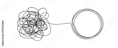 A tangled mass of black lines transitions into a single neat circular form