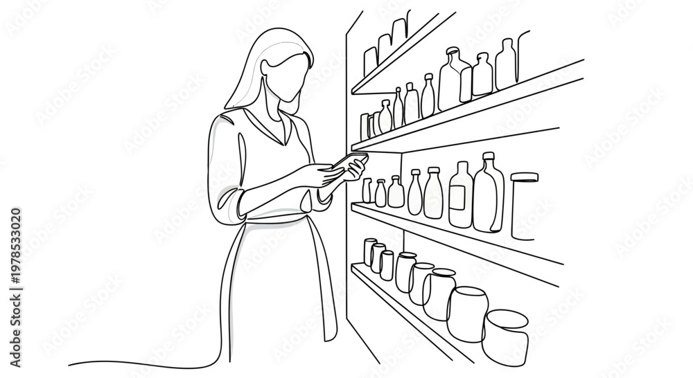 Obraz premium Continuous line art illustration of a woman using a smartphone to check a shopping list or price while standing in front of shelves in a grocery store or pharmacy.