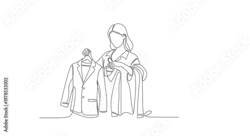 Continuous One Line Drawing of a Young Woman Choosing a Suit Jacket on a Hanger - Minimalist Fashion Illustration