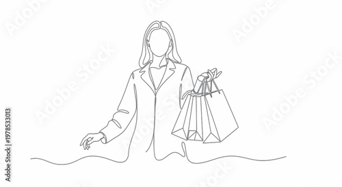 Minimalist Continuous Line Drawing of a Stylish Woman Holding Shopping Bags