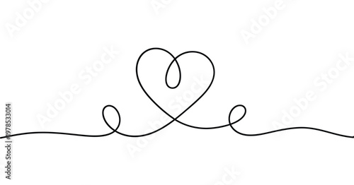 A simple continuous line drawing depicts a heart shape with an extending flowing tail
