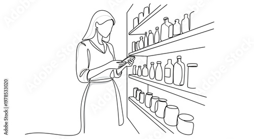 Continuous line art illustration of a woman using a smartphone to check a shopping list or price while standing in front of shelves in a grocery store or pharmacy.