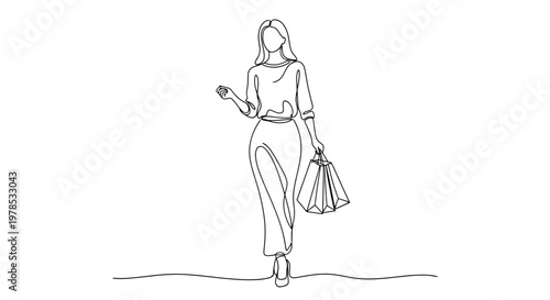 Continuous line drawing of an elegant woman walking with shopping bags, minimalist vector illustration for fashion and lifestyle branding