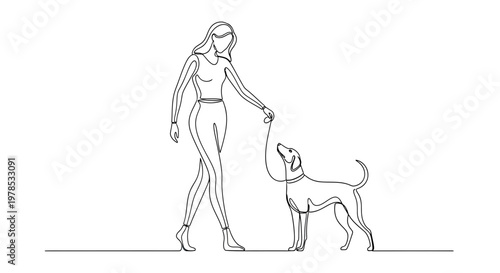 Continuous line drawing of a woman walking her dog on a leash, minimalist vector illustration of pet ownership and active lifestyle