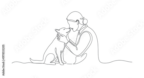 Continuous line drawing of a woman and her dog sharing an affectionate moment, representing the bond between human and pet