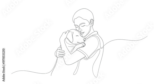 Continuous One Line Drawing of a Person Hugging a Pet Dog, Minimalist Vector Illustration Representing Love, Friendship, and Human-Animal Bond